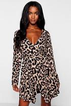 Boohoo Leopard Print Button Detail Wrap Dress