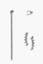 Boohoo Kitty Embellished And Chain Earring Set Silver