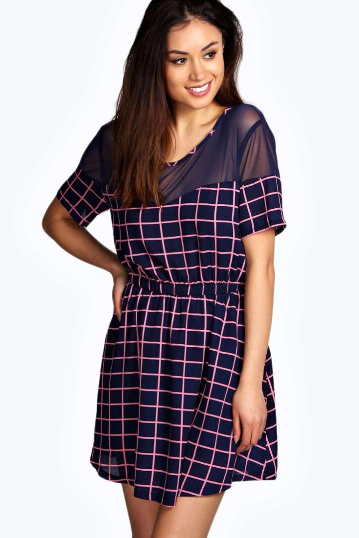 Boohoo Georgie Grid Print Woven Skater Dress Navy