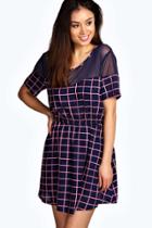 Boohoo Georgie Grid Print Woven Skater Dress Navy