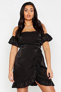 Boohoo Plus Satin Bardot Ruffle Wrap Skater Dress
