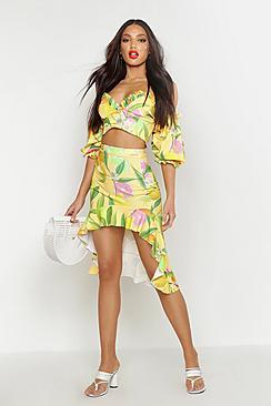 Boohoo Fruit Print Ruffle Detail Midi Skirt