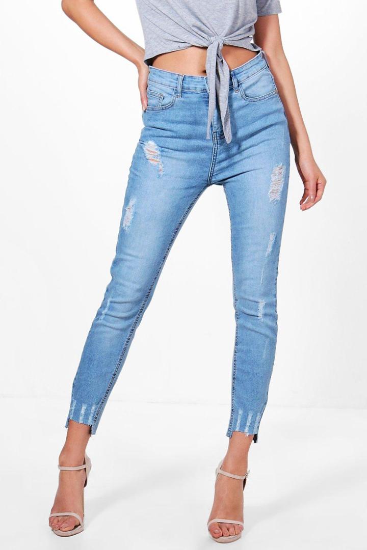 Boohoo Sally High Rise Ripped Destroyed Hem Skinny Jeans Blue
