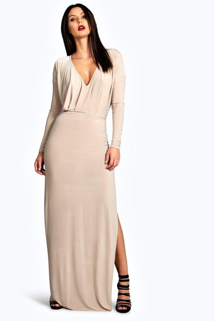 Boohoo Leah Slinky Plunge Neck Long Sleeve Maxi Dress Stone