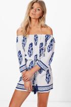 Boohoo Petite Claire Off The Shoulder Feather Print Playsuit Multi