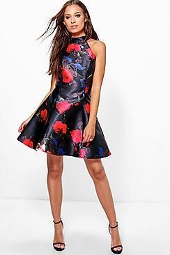 Boohoo Boutique Joss High Neck Floral Skater Dress