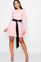 Boohoo Long Sleeve Contrast Belt Skater Dress