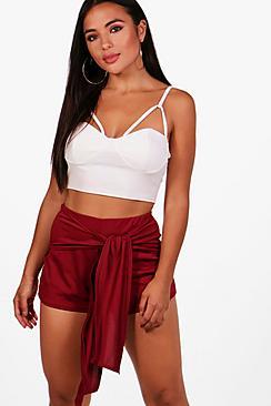 Boohoo Petite Cally Tie Waist Crepe Short