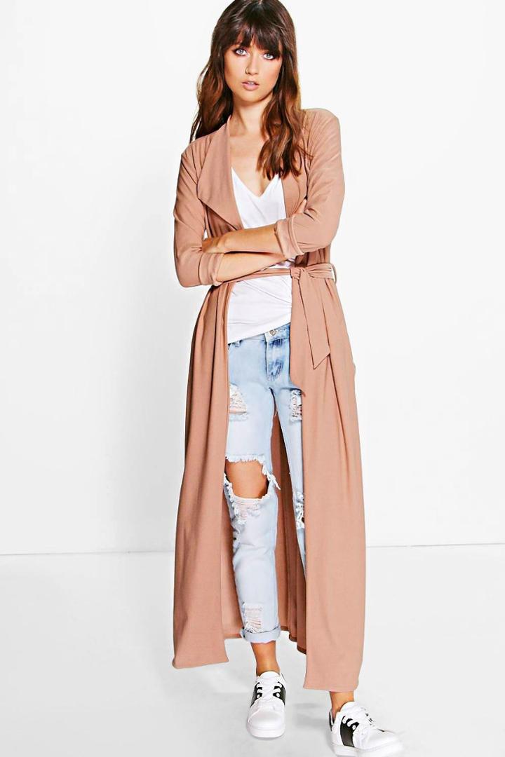 Boohoo Maya Waterfall Belted Maxi Trench Camel