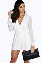 Boohoo Kate Gathered Front Chiffon Long Sleeve Playsuit Ivory