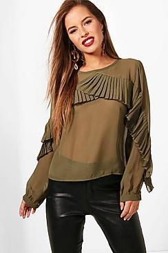 Boohoo Petite Freya Frill Front Long Sleeve Blouse