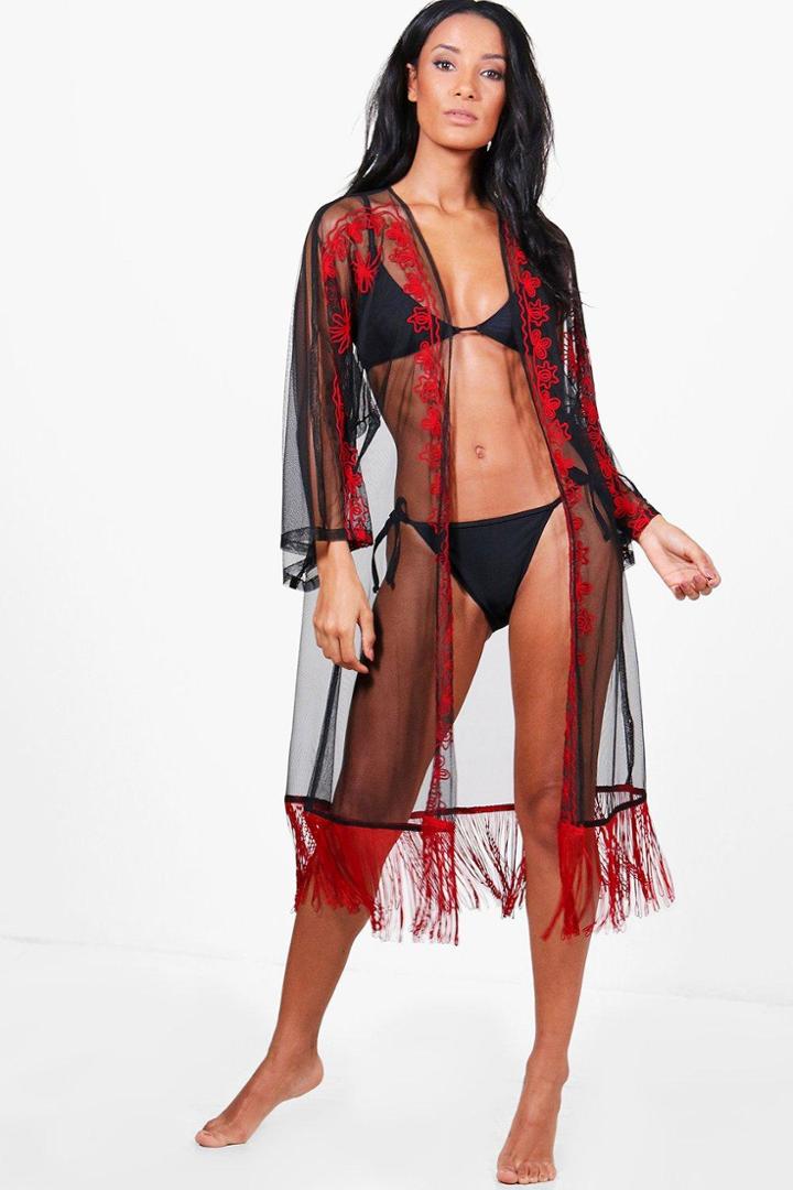 Boohoo Imogen Embroidered Tassel Beach Kimono Black