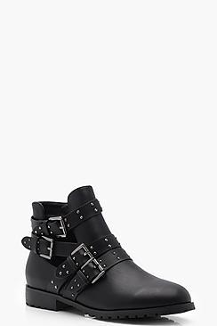Boohoo Nicole Studded Strap Cut Work Ankle Boots