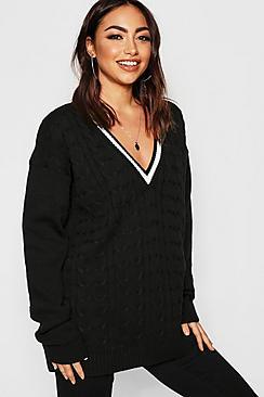 Boohoo V Neck Cable Knit Long Line Jumper