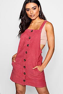 Boohoo Horn Button Cord Pinafore Dress