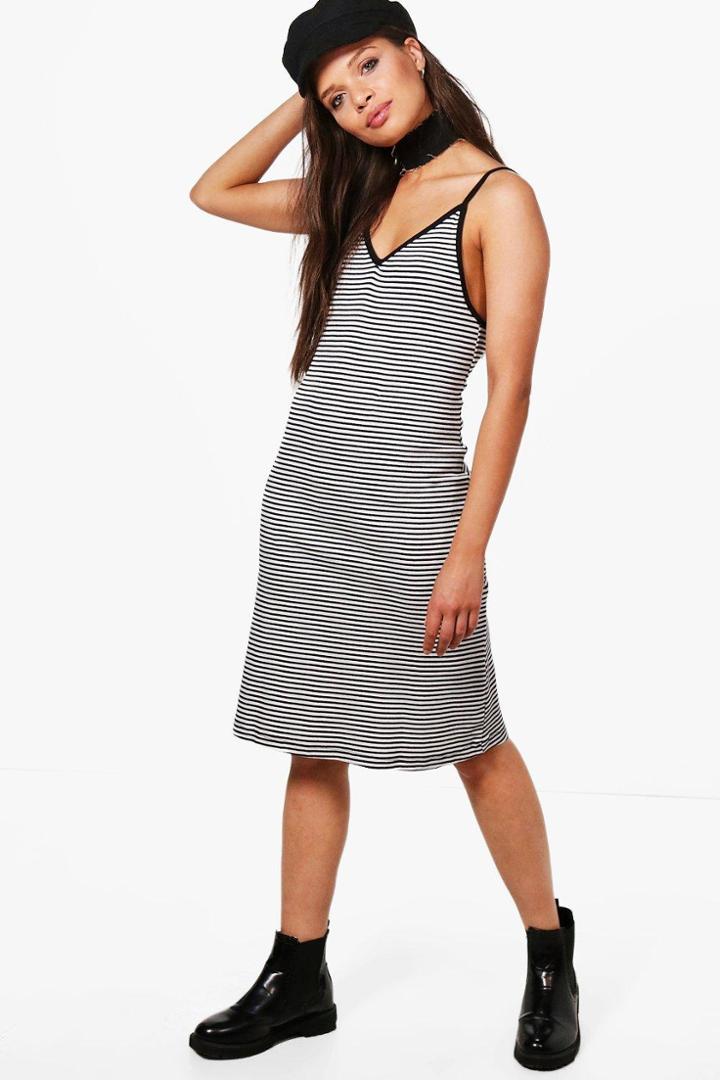 Boohoo Freyja Striped Ribbed Midi Dress Black