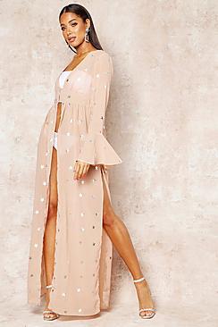 Boohoo Foil Star Print Bell Sleeve Maxi Cover Up