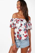 Boohoo Tall Olivia Rose Print Off The Shoulder Frill Crop Multi