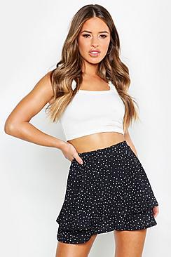 Boohoo Petite Woven Spot Print Double Layer Frill Shorts