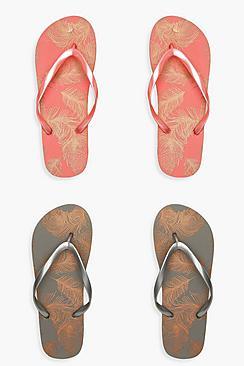 Boohoo Metallic Feather 2 Pack Flip Flops