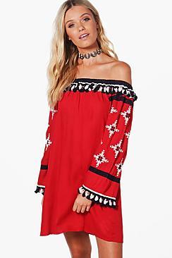 Boohoo Boutique Lila Off Shoulder Tassel Smock Dress
