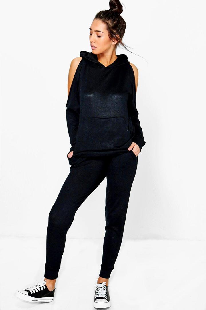 Boohoo Charlotte Cold Shoulder Hoody & Jogger Set Charcoal