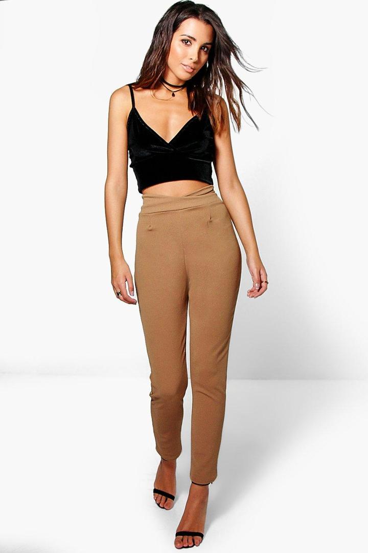 Boohoo Naia High Waist Crepe Skinny Stretch Trousers Camel
