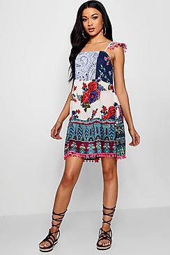 Boohoo Rosie Patchwork Print Pom Pom Smock Dress