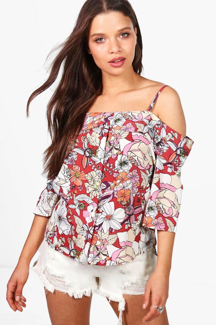 Boohoo Ellie Woven Floral Cold Shoulder Top Multi
