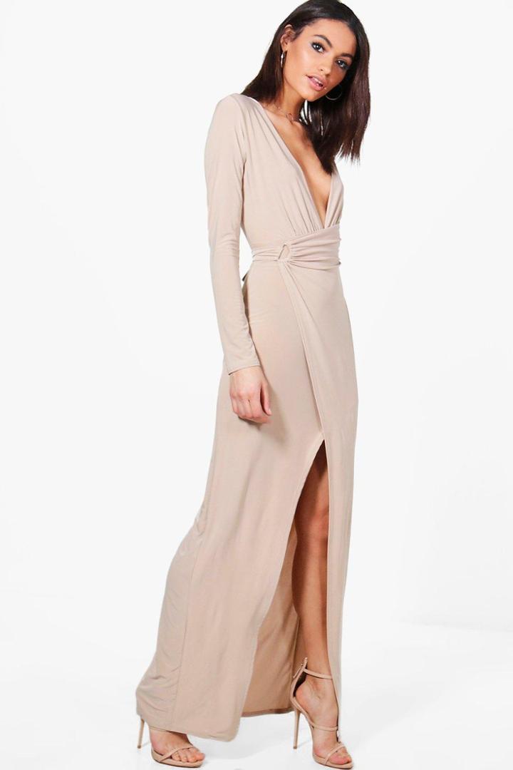 Boohoo Erin Slinky Wrap Detail Maxi Dress Stone