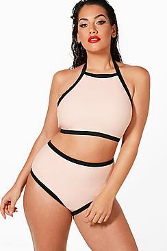 Boohoo Plus Daisy Contrast Binding High Waist Bikini