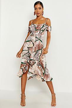 Boohoo Woven Mixed Animal Print Ruffle Maxi Dress