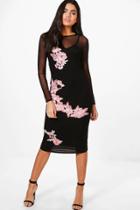 Boohoo Aoife Mesh Long Sleeve Applique Midi Dress Black