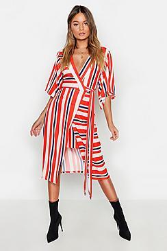 Boohoo Asymetric Hem Striped Midi Dress
