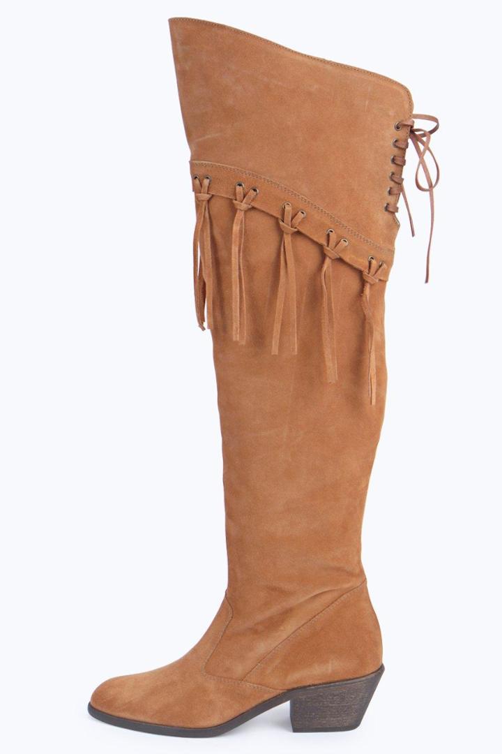 Boohoo Boutique Ella Leather Over The Knee Tassel Boot Tan