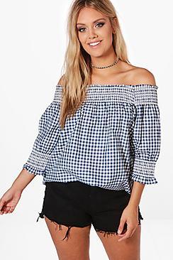 Boohoo Plus Lauren Off Shoulder Gingham Top