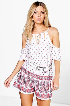 Boohoo Nia Cut Shoulder Border Print Playsuit