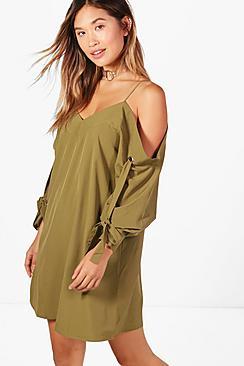 Boohoo Hannah Cold Shoulder Eyelet Sleeve Shirt Dress
