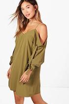 Boohoo Hannah Cold Shoulder Eyelet Sleeve Shirt Dress