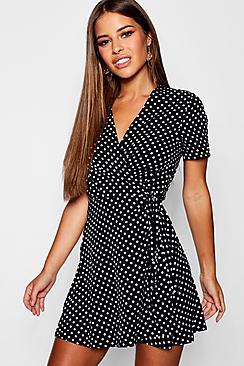 Boohoo Petite Polka Dot Ruffle Wrap Woven Dress