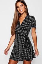Boohoo Petite Polka Dot Ruffle Wrap Woven Dress