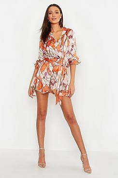 Boohoo Tall Scarf Print Ruffle Playsuit