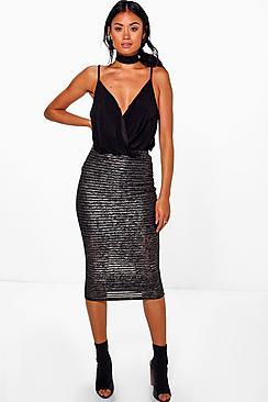 Boohoo Bella Metallic Stripe Midi Skirt