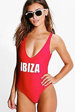 Boohoo Petite Flora 'ibiza' Slogan Swimsuit