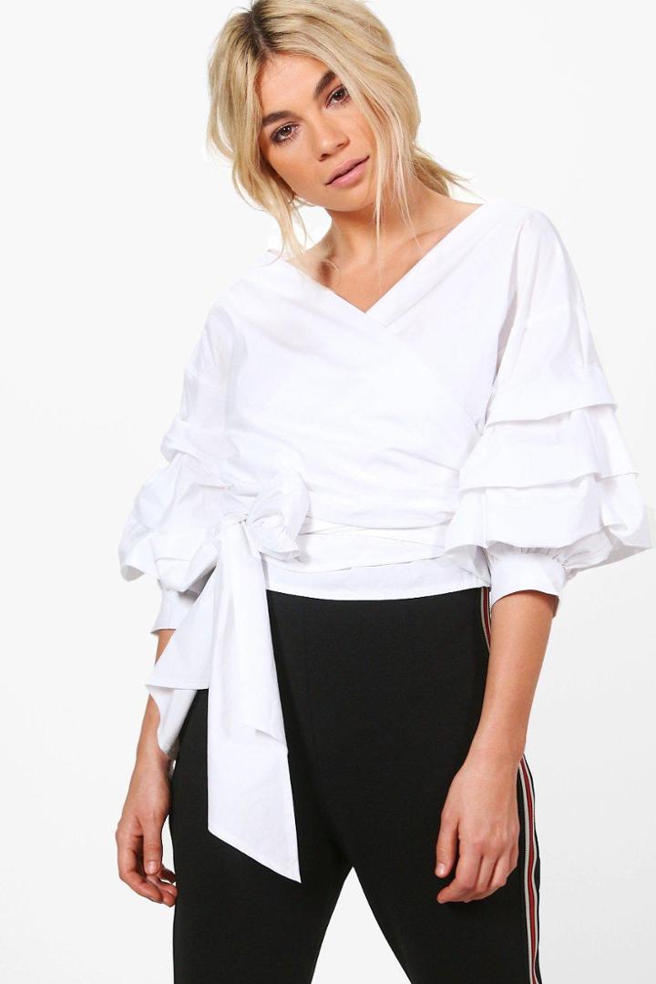 Boohoo Charlotte Wrap Front Ruffle Shirt White