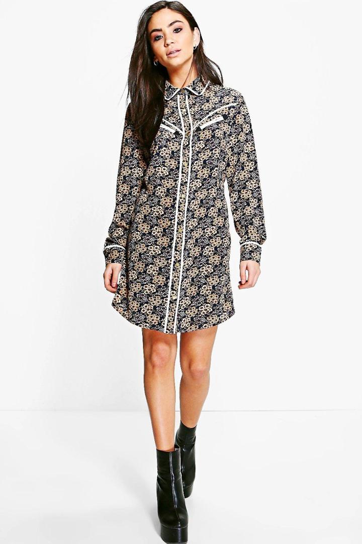 Boohoo Ann Ditsy Floral Contrast Piping Shirt Dress Multi