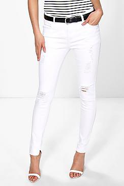 Boohoo Pamela Mid Rise Distressed Skinny Jeans