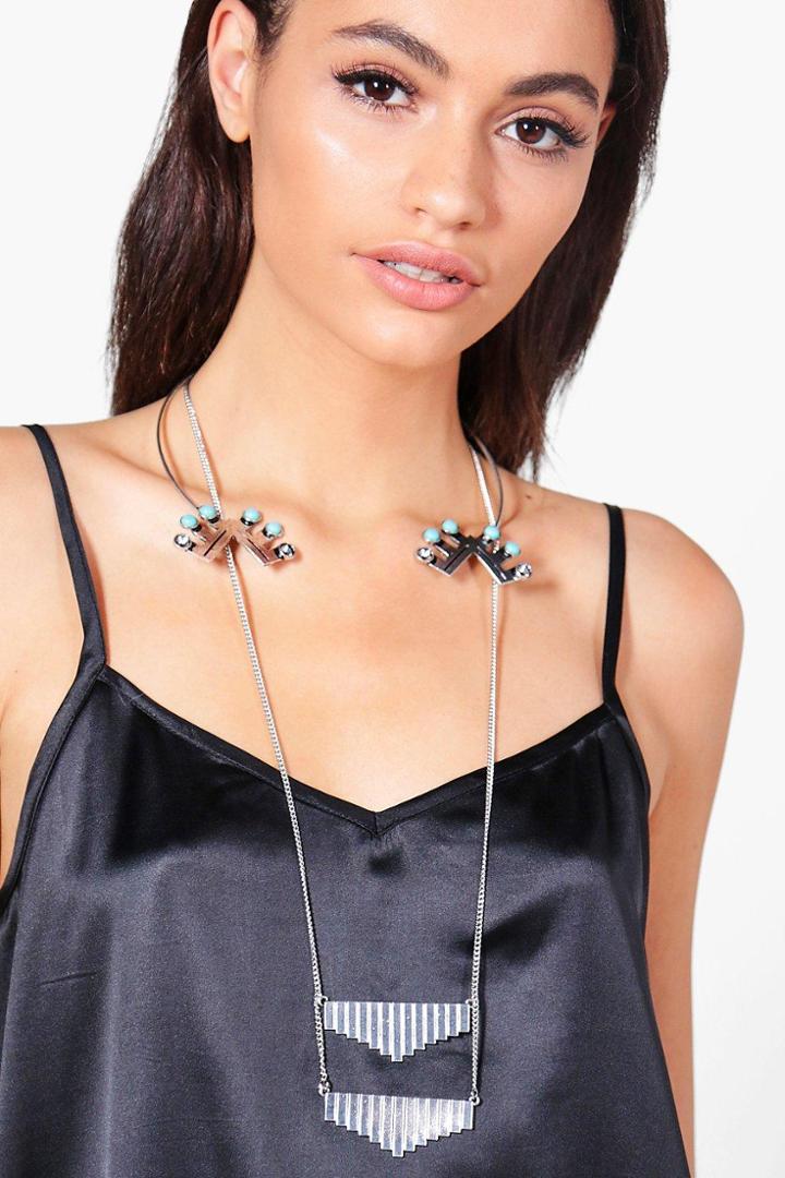 Boohoo Ava Stone Detail Chevron Statement Choker Silver