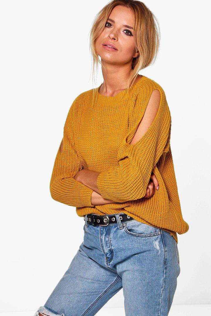Boohoo Caitlin Cold Shoulder Jumper Mustard