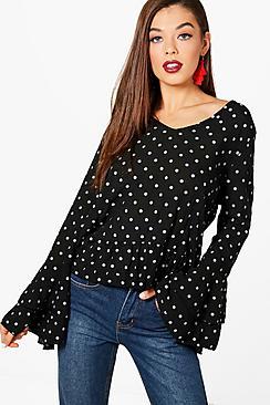 Boohoo Zoey Spot Print Ruffle Hem Top